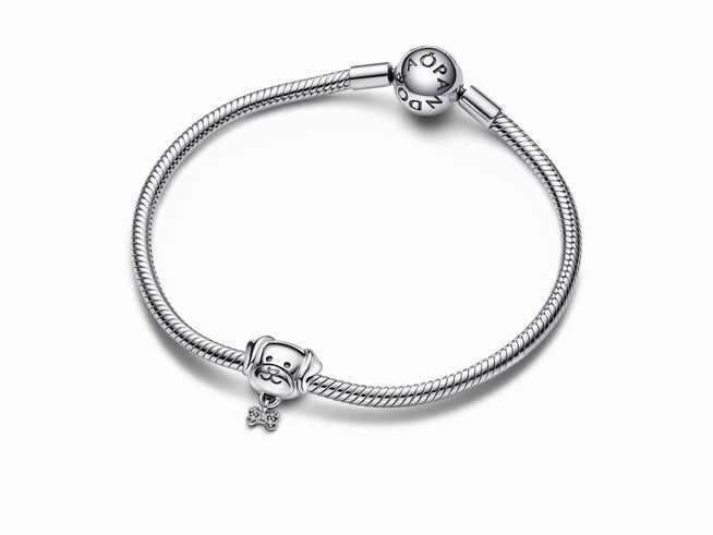 Pandora Hund und Knochen Charm aus Sterling Silber mit klaren Zirkonia. Das charmante Design zeigt einen Hund und einen Knochen, ideal für Tierliebhaber und Schmuckenthusiasten.