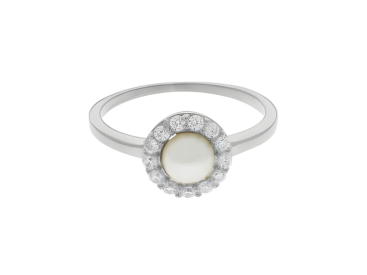 Ring mit Perle und rhodiniertem Silber, klassisches Design, Größe 56 von Juwelier Harnisch, elegant und zeitlos, ideal für besonderen Anlässe.