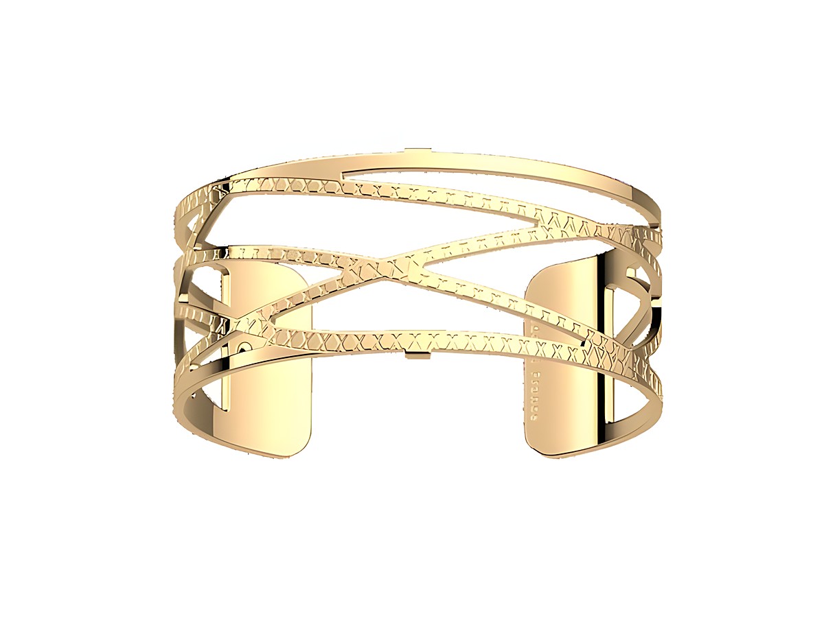 Armreif von Les Georgettes DUNES 7035833 in Gold mit Gelbgold-Finish, 25 mm breit, filigranes Design mit kreuzenden Streben und eleganter Oberfläche. Ideal für jeden Anlass.
