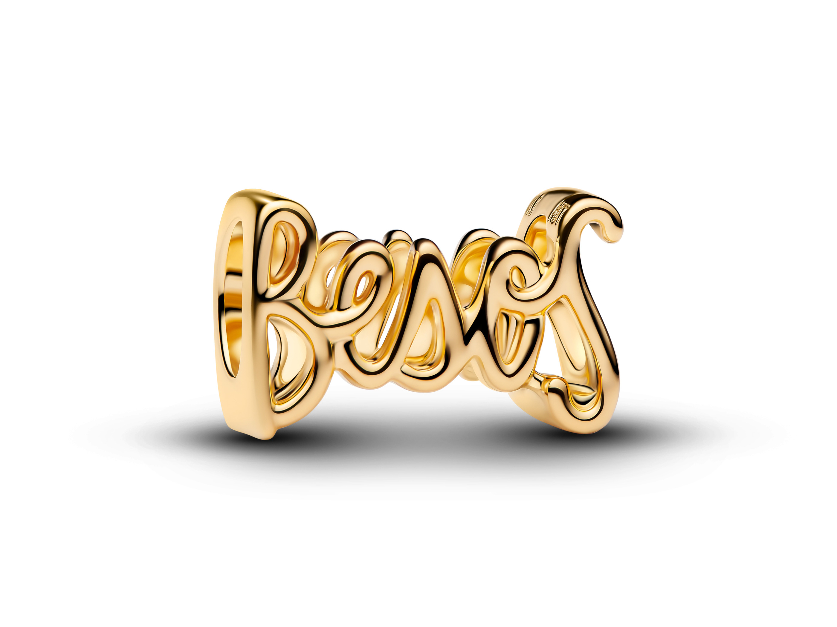 Charm in Gelbgold Vergoldung von Pandora mit der eingravierten Schrift "Besos", elegant und modern gestaltet, ideal für persönliche Schmuckkollektionen.