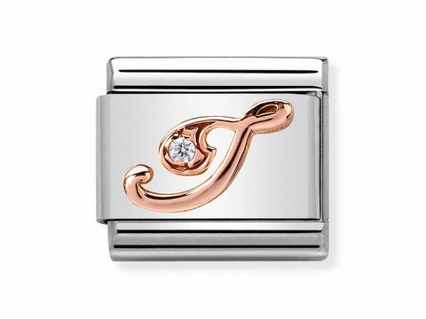 Buchstabe J aus der Nomination Composable Classic Kollektion mit einem Diamanten, hergestellt von Nomination, elegant in Roségold und Edelstahl, ideal für personalisierte Schmuckstücke.