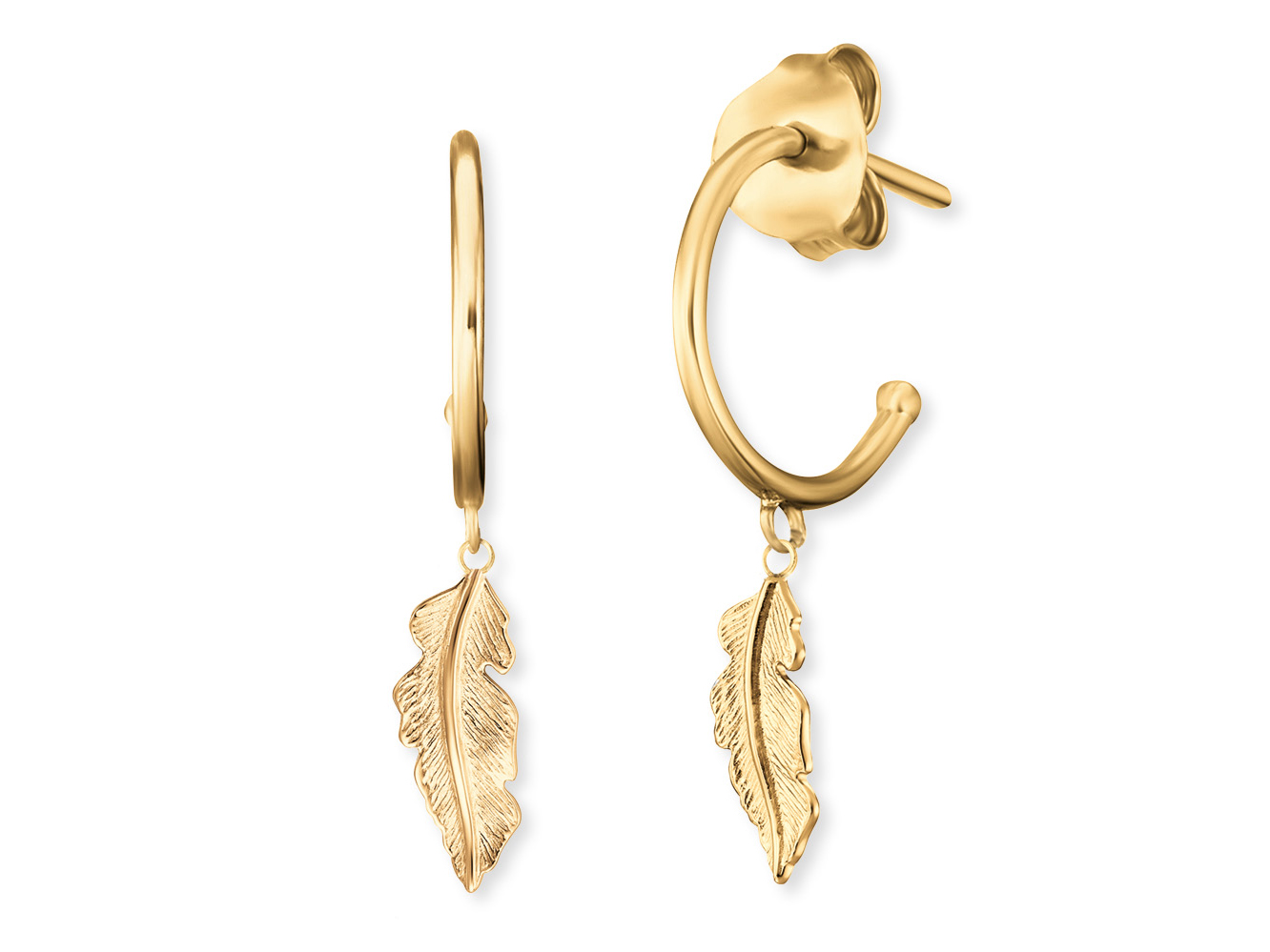 Ohrringe von Engelsrufer ERE-FEDER-G-CR FEDER in gelbgold vergoldet auf Silber, 12 mm, mit hängendem Federdesign. Elegante und stilvolle Schmuckstücke für besondere Anlässe.