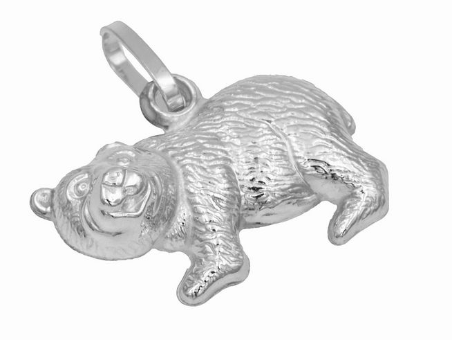 Ein Anhänger in Form eines Bären aus rhodiniertem, poliertem Sterling Silber, detailreich gearbeitet, ideal als Schmuckstück oder Geschenk für Tierliebhaber. Hersteller: Juwelier Harnisch.