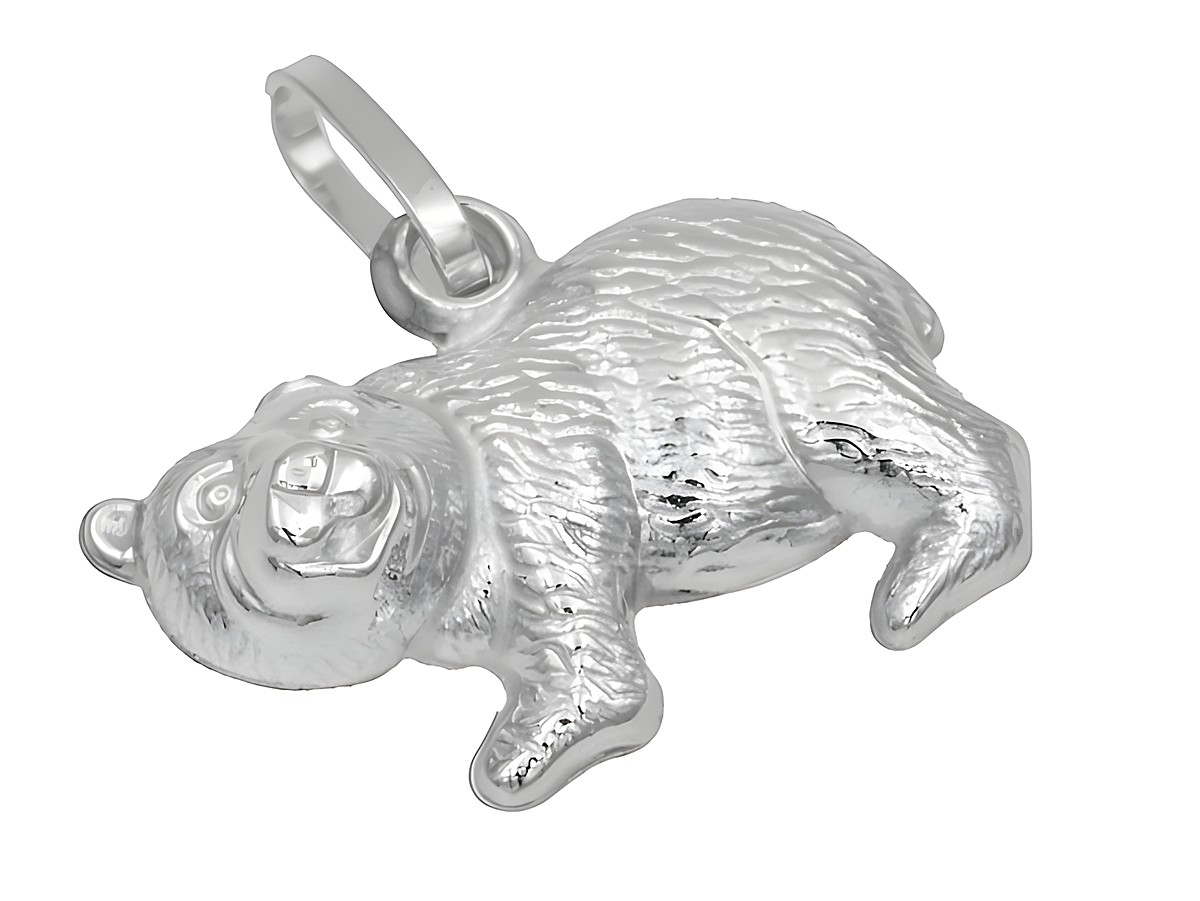 Ein Anhänger in Form eines Bären aus rhodiniertem, poliertem Sterling Silber, detailreich gearbeitet, ideal als Schmuckstück oder Geschenk für Tierliebhaber. Hersteller: Juwelier Harnisch.
