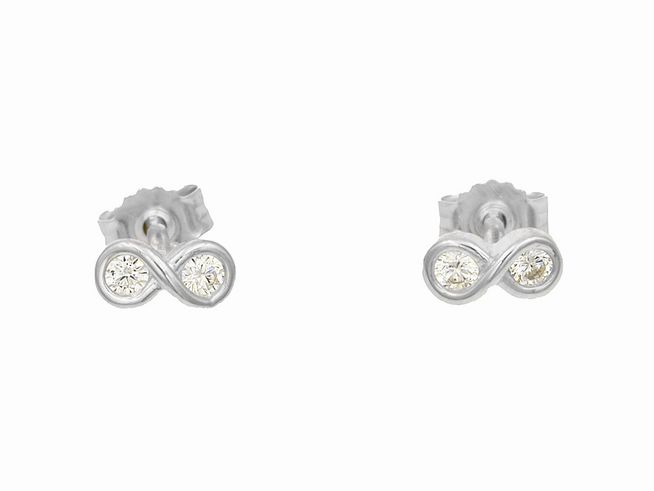 Ohrstecker mit Unendlichkeitszeichen aus poliertem rhodinierten Sterling Silber, verziert mit weißen Zirkoniasteinen, Hersteller Juwelier Harnisch. Ideal für elegante Anlässe.