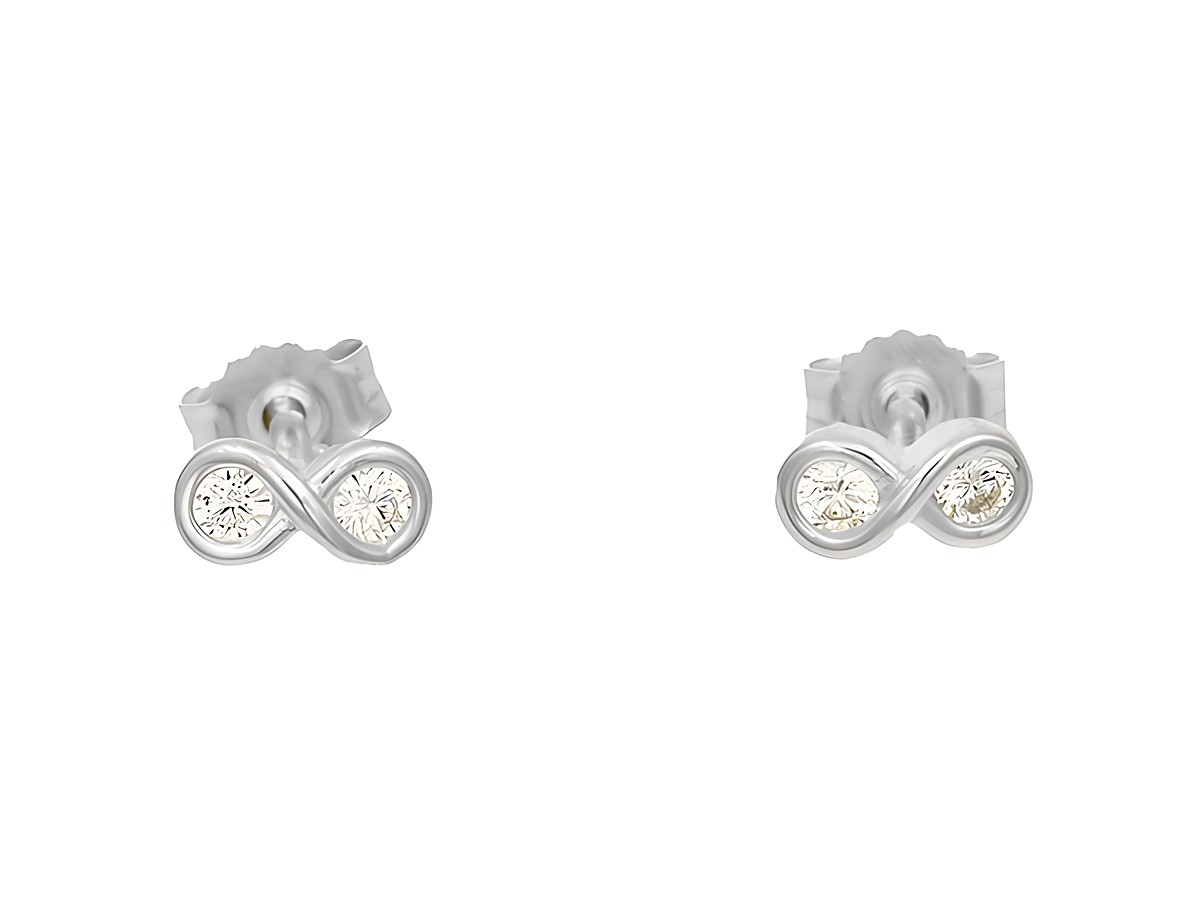 Ohrstecker mit Unendlichkeitszeichen aus poliertem rhodinierten Sterling Silber, verziert mit weißen Zirkoniasteinen, Hersteller Juwelier Harnisch. Ideal für elegante Anlässe.