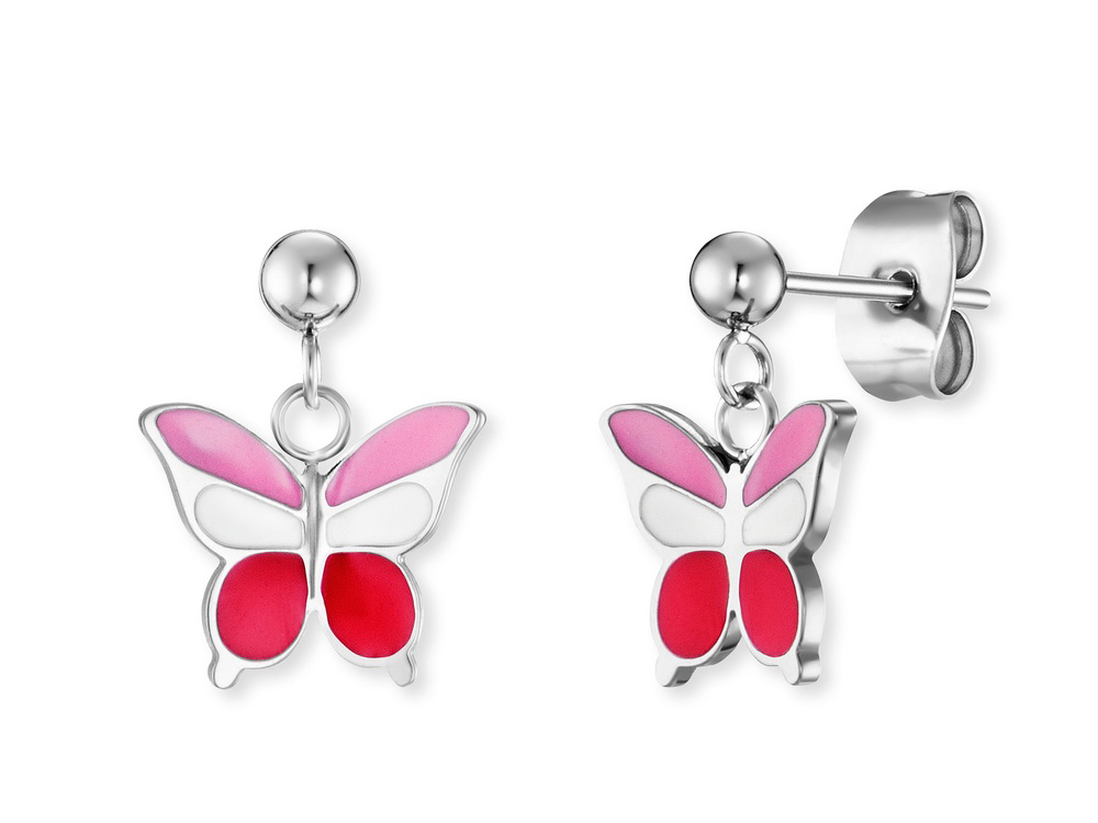 Herzengel HEES-RAINBOW Ohrstecker aus Silber mit bunten Emaille-Elementen in Form eines Schmetterlings, farbenfroh gestaltet in Rot und Pink, perfekt für jeden Anlass.