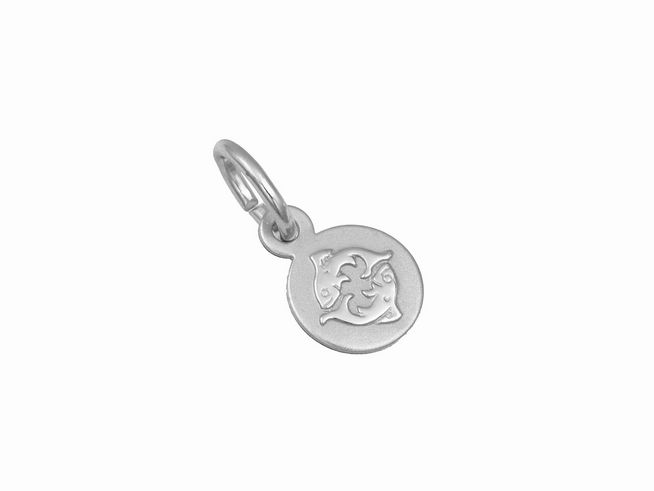 Silber Anhänger mini für das Sternzeichen Fische, teilmattiert und rhodiniert, rund mit Fischmotiv, hergestellt von Juwelier Harnisch, ideal für individuellen Schmuck.