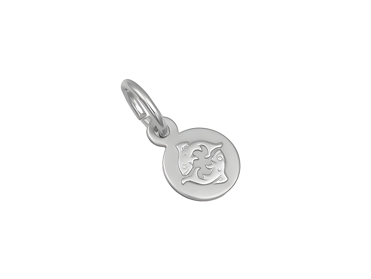 Silber Anhänger mini für das Sternzeichen Fische, teilmattiert und rhodiniert, rund mit Fischmotiv, hergestellt von Juwelier Harnisch, ideal für individuellen Schmuck.