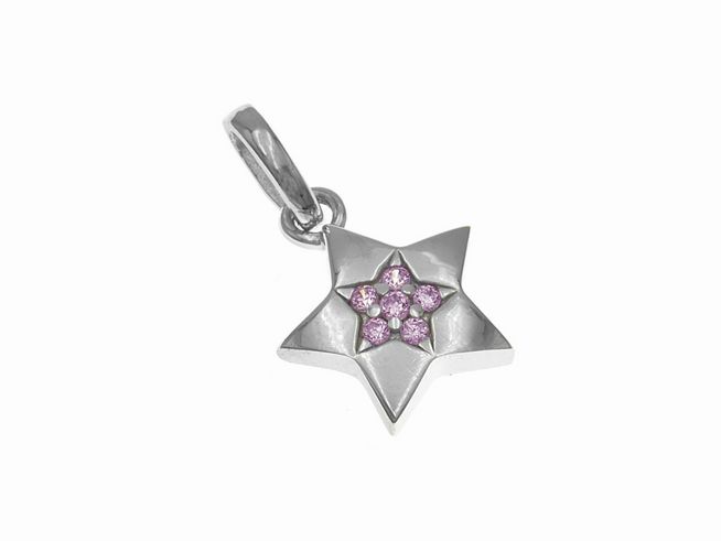 Sternanhänger aus Silber rhodiniert mit rosa Zirkonia, funkelnd in der Mitte, elegant und schnuckelig, ideal für Liebhaber von Sonne Mond Sterne, Hersteller Juwelier Harnisch.
