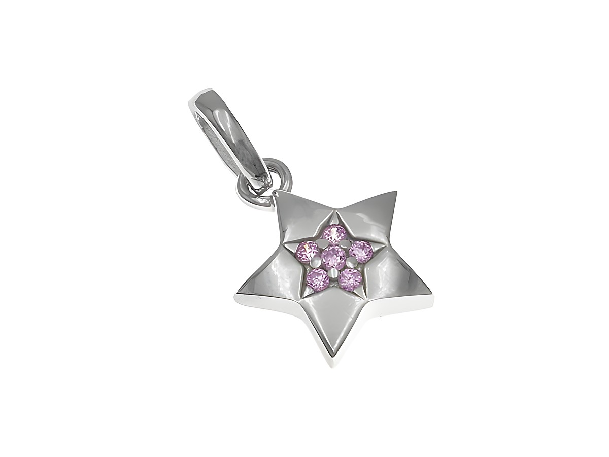 Sternanhänger aus Silber rhodiniert mit rosa Zirkonia, funkelnd in der Mitte, elegant und schnuckelig, ideal für Liebhaber von Sonne Mond Sterne, Hersteller Juwelier Harnisch.