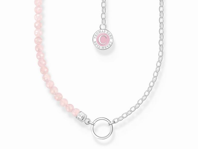 Kette von Thomas Sabo mit Glieder-Design und Rosenquarz-Perlen in Rosa-Pink, silberne Elemente, Emaille und Markenanhänger, ideal für jeden Anlass.