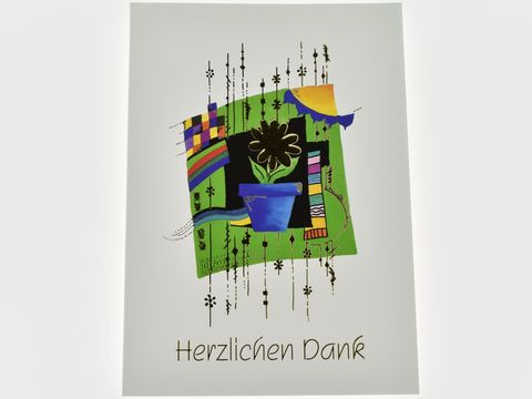 Künstlerisch gestaltete Dankeskarte mit der Aufschrift Herzlichen Dank, zeigt eine Blume in einem blauen Topf auf grünem Hintergrund, umgeben von bunten Mustern, Set mit fünf Karten vom Hersteller Juwelier Harnisch.