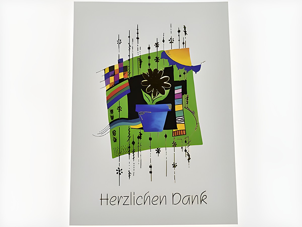 Künstlerisch gestaltete Dankeskarte mit der Aufschrift Herzlichen Dank, zeigt eine Blume in einem blauen Topf auf grünem Hintergrund, umgeben von bunten Mustern, Set mit fünf Karten vom Hersteller Juwelier Harnisch.