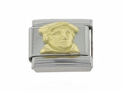 Ein elegantes Armbandglied aus Edelstahl mit einem reliefierten goldenen Abbild von Martin Luther, das eine besondere Note für jedes Schmuckstück verleiht.