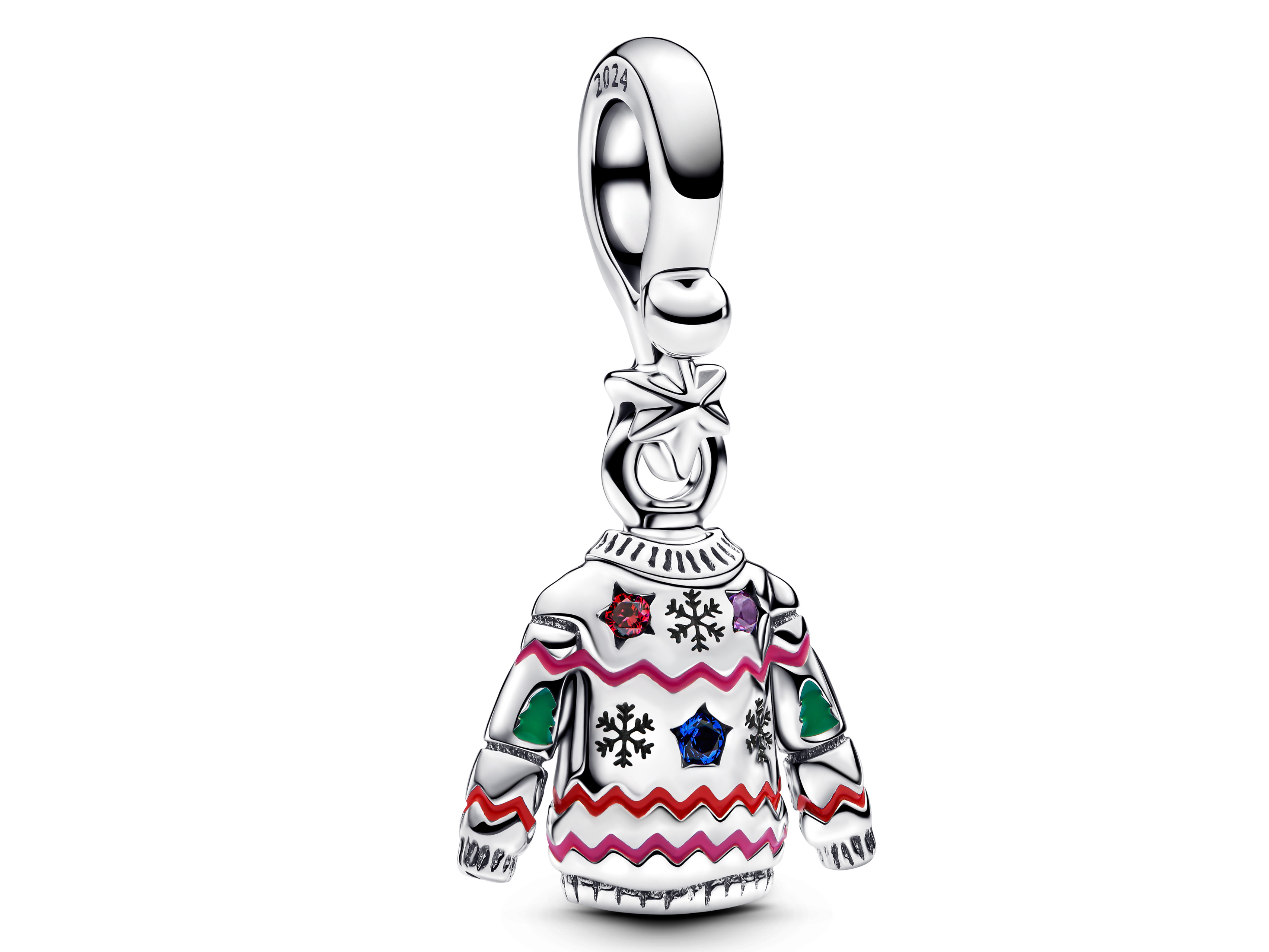 Pandora charm 793596C01 in Form eines Weihnachtpullis aus Silber, verziert mit rotem Zirkonia, blauem und lilafarbenem Kristall sowie farbigen Details. Neuheiten von Pandora.