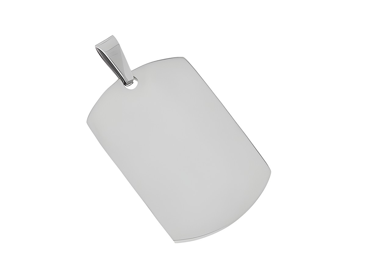 Edelstahl Anhänger mit klassischer Gravurplatte im Rechteckformat, Maße 2,5 x 1,6 cm, von Juwelier Harnisch, ideal für persönliche Gravuren und als stilvolles Accessoire.