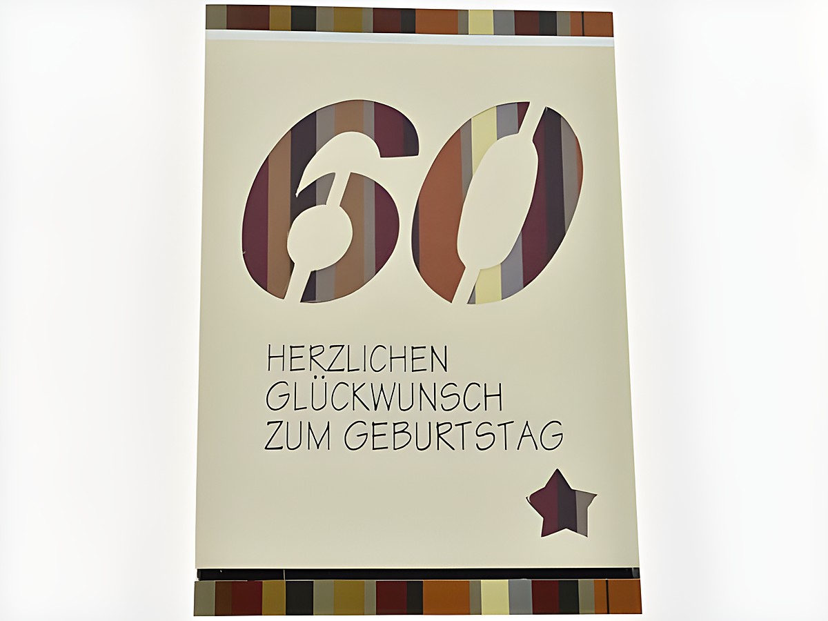 Geburtstagskarte mit der bräunlich beige hinterlegten Zahl 60, verziert mit bunten Streifen und dem Schriftzug Herzlichen Glückwunsch zum Geburtstag, Hersteller Juwelier Harnisch.