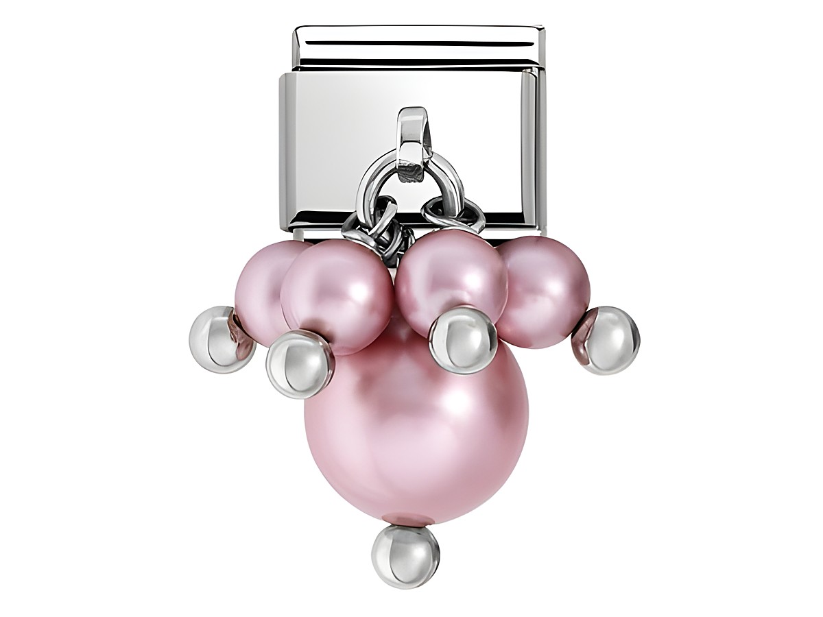 Charm Perle Rosa von Nomination mit glänzenden rosa Perlen und silbernen Details, ideal für individuelle Armbänder und elegante Akzente.