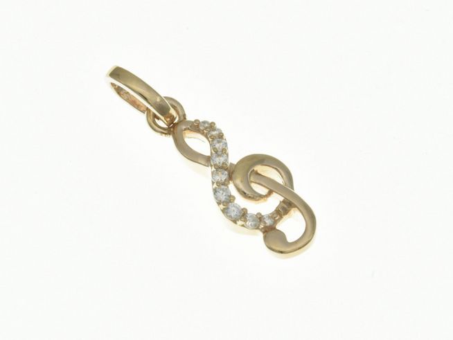 Ein eleganter Anhänger in Form eines Violinschlüssels aus Roségold, verziert mit funkelnden Zirkonia-Steinen, ideal für Musikliebhaber. Hersteller: Juwelier Harnisch.