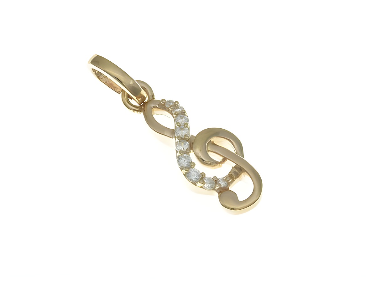 Ein eleganter Anhänger in Form eines Violinschlüssels aus Roségold, verziert mit funkelnden Zirkonia-Steinen, ideal für Musikliebhaber. Hersteller: Juwelier Harnisch.
