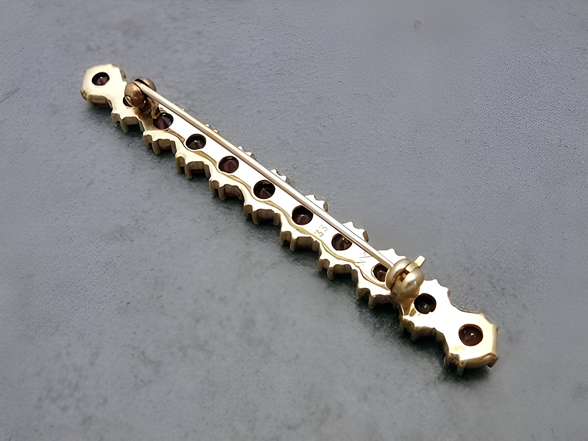 Granat Schmuck Brosche 56,9 mm in dezentem Golddesign mit mehreren Granatsteinen, hergestellt von Juwelier Harnisch. Elegantes Accessoire für stilvolle Outfits. – Ansicht 2