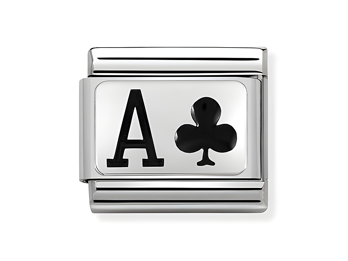 Das Bild zeigt ein stilvolles Edelstahl-Plättchen mit schwarzer Emaille. Es ist das Motiv eines Kreuz-Ass mit dem Buchstaben A, ideal für Armreifen von Nomination.
