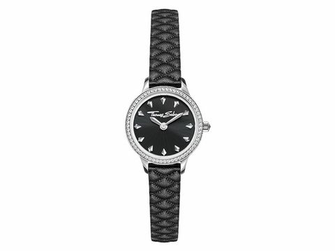 Damenuhr von Thomas Sabo Modell WA0329-203-203 mit einem schwarzen Zifferblatt, silberner Lünette mit Kristallen und einem feinen schwarzen Armband im Kästchenmuster.