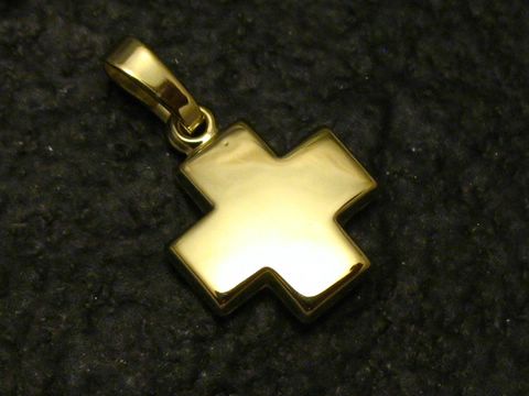 Goldkreuz vollplastisch gleichschenklig klein aus Gold 333, hergestellt von Juwelier Harnisch, klassisches Design, glänzende Oberfläche, ideal als Anhänger.