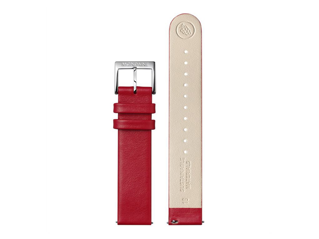 Lederarmband von Mondaine FGM.3118.30Q.K aus veganem Traubenleder in Rot, 18 mm Breite, robustes Design mit Edelstahlverschluss, ideal als Ersatz für Uhrenarmbänder.