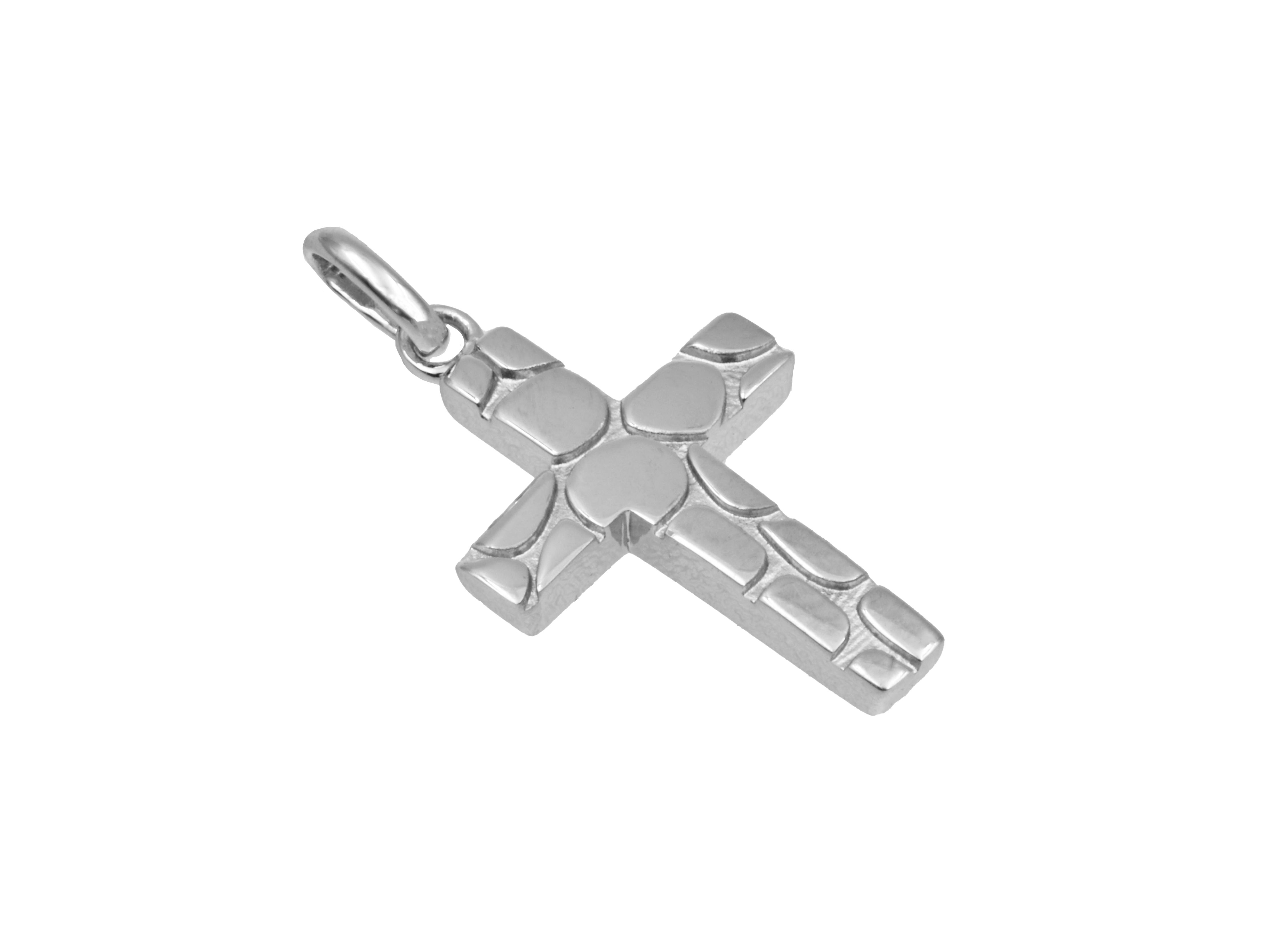 Anhänger Kreuz - Kreisdesign - Sterling Silber rhod. Ein silberner Anhänger in Form eines Kreuzes mit einem strukturierten Design, aus rhodiniertem Sterling Silber, hergestellt von Juwelier Harnisch, Teil der Neuheiten Silber.