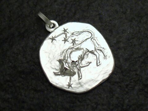 Stier Sternzeichen Anhänger aus rhodiniertem Sterling Silber, kunstvoll gestaltet mit dem Bild des Sternzeichens Stier und Sternen, hergestellt von Juwelier Harnisch.