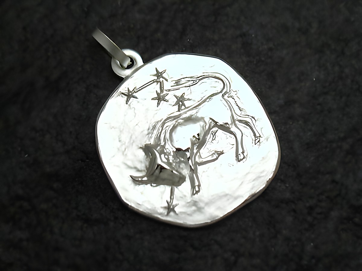 Stier Sternzeichen Anhänger aus rhodiniertem Sterling Silber, kunstvoll gestaltet mit dem Bild des Sternzeichens Stier und Sternen, hergestellt von Juwelier Harnisch.
