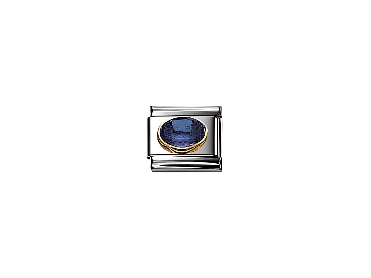 Das Bild zeigt ein elegantes Iolith Element von Nomination in ovaler Form mit einem tiefblauen Stein, der von glänzendem Edelstahl umrahmt wird. Ideal für stilvolle Armbänder.