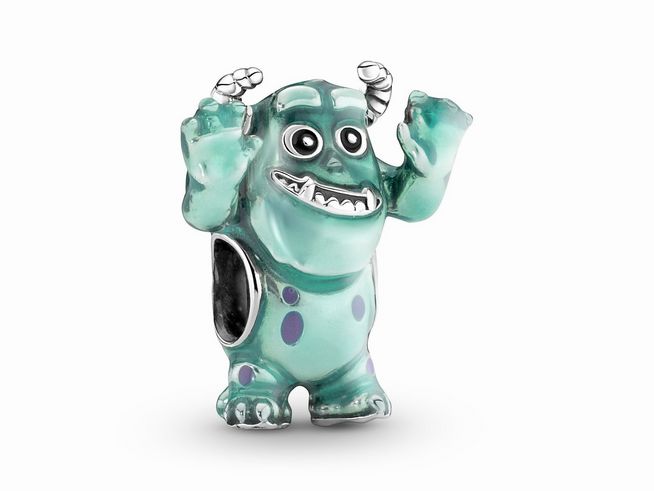 Disney Pixar Sulley Charm aus Sterling Silber und Multicolor Emaille zeigt den fröhlichen Monstercharakter Sulley in grüner Farbe mit lila Punkten und einem freundlichen Gesichtsausdruck.