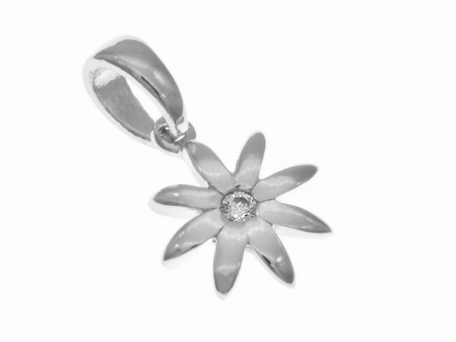 Zierlicher Blumenanhänger aus Silber, rhodiniert, mit einer weißen Zirkonia in der Mitte, hergestellt von Juwelier Harnisch, ideal als Schmuckstück für Pflanzenliebhaber.