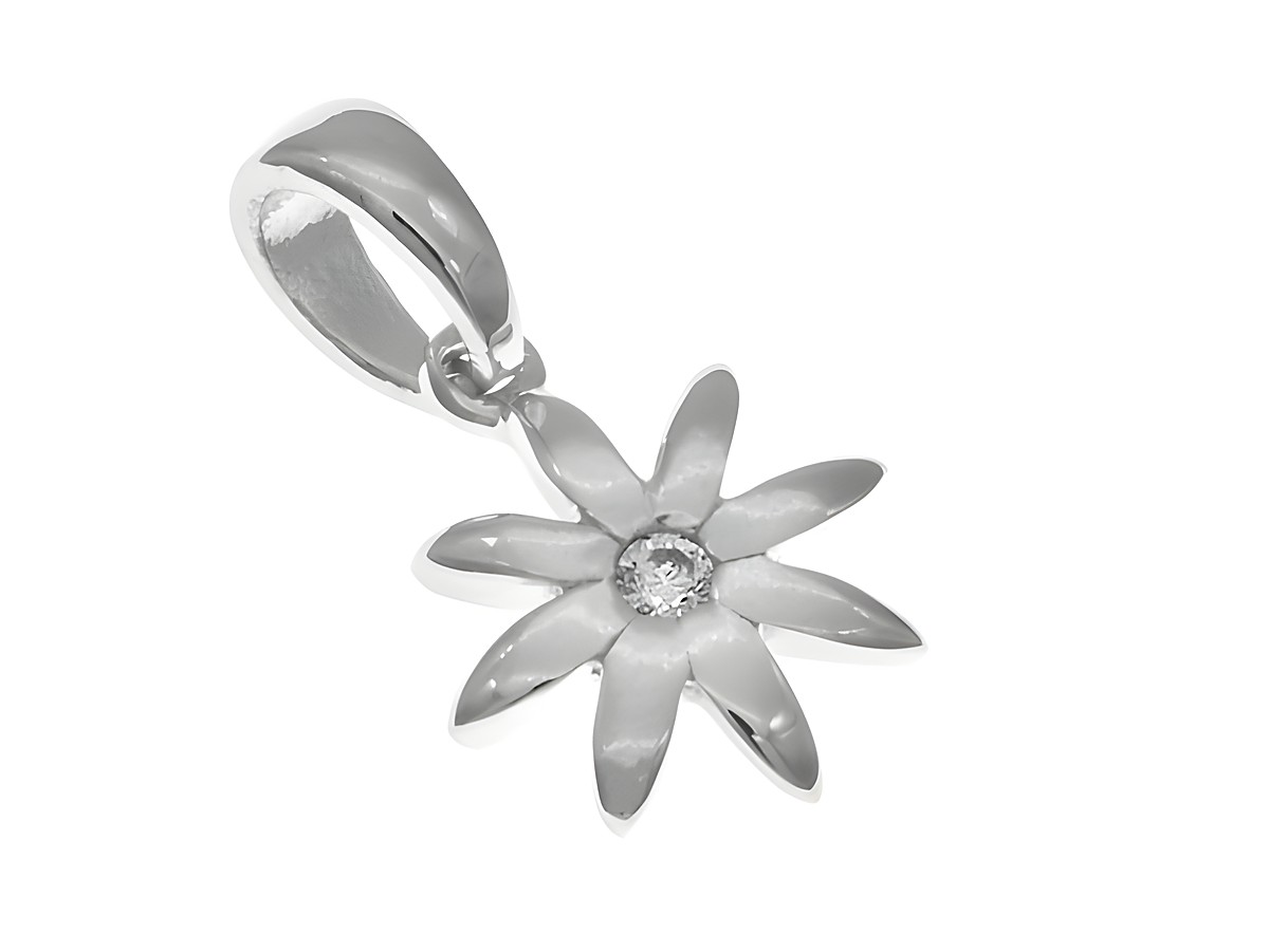 Zierlicher Blumenanhänger aus Silber, rhodiniert, mit einer weißen Zirkonia in der Mitte, hergestellt von Juwelier Harnisch, ideal als Schmuckstück für Pflanzenliebhaber.