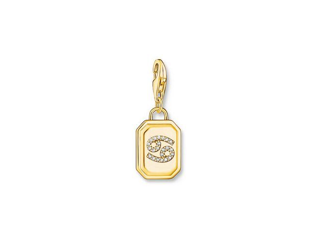 Charm-Anhänger von Thomas Sabo aus Silber mit vergoldeter Oberfläche, gestaltet im Sternzeichen Krebs, verziert mit Zirkonia, eleganter Clipverschluss.
