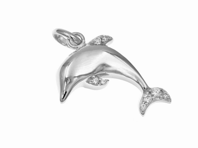 Anhänger schimmernder Delfin aus Sterling Silber, rhodiniert, verziert mit funkelnden Details, geeignet für Tierliebhaber, hergestellt von Juwelier Harnisch.