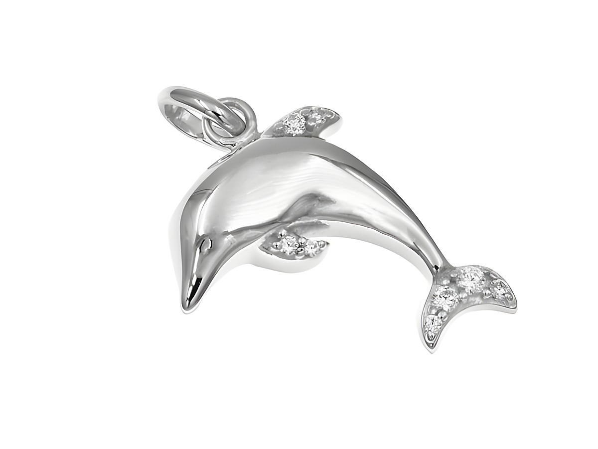 Anhänger schimmernder Delfin aus Sterling Silber, rhodiniert, verziert mit funkelnden Details, geeignet für Tierliebhaber, hergestellt von Juwelier Harnisch.
