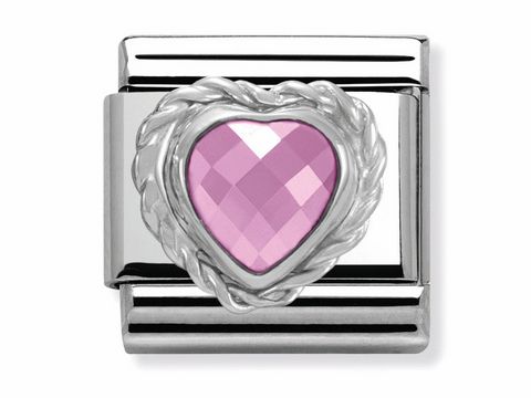 Facettiertes Herz aus Pinkem Silvershine Stein in Sterling Silber von Nomination, eine elegante Schmuckkomponente mit einem romantischen Design. Ideal für personalisierte Armbänder.