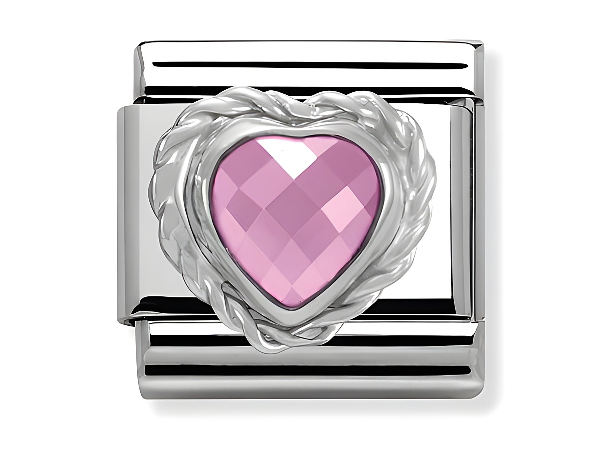 Facettiertes Herz aus Pinkem Silvershine Stein in Sterling Silber von Nomination, eine elegante Schmuckkomponente mit einem romantischen Design. Ideal für personalisierte Armbänder.