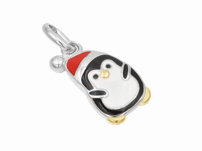 Silber Anhänger in Form eines Pinguins, poliert und rhodiniert, mit buntem Lack in Rot und Schwarz, Hersteller Juwelier Harnisch, hochwertiger Schmuck.