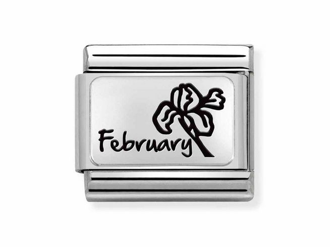 Edelstahl Charm von Nomination mit stilisiertem Blumendesign und dem Wort Februar, ideal als Schmuckstück für Sternzeichen und Monatssteine.
