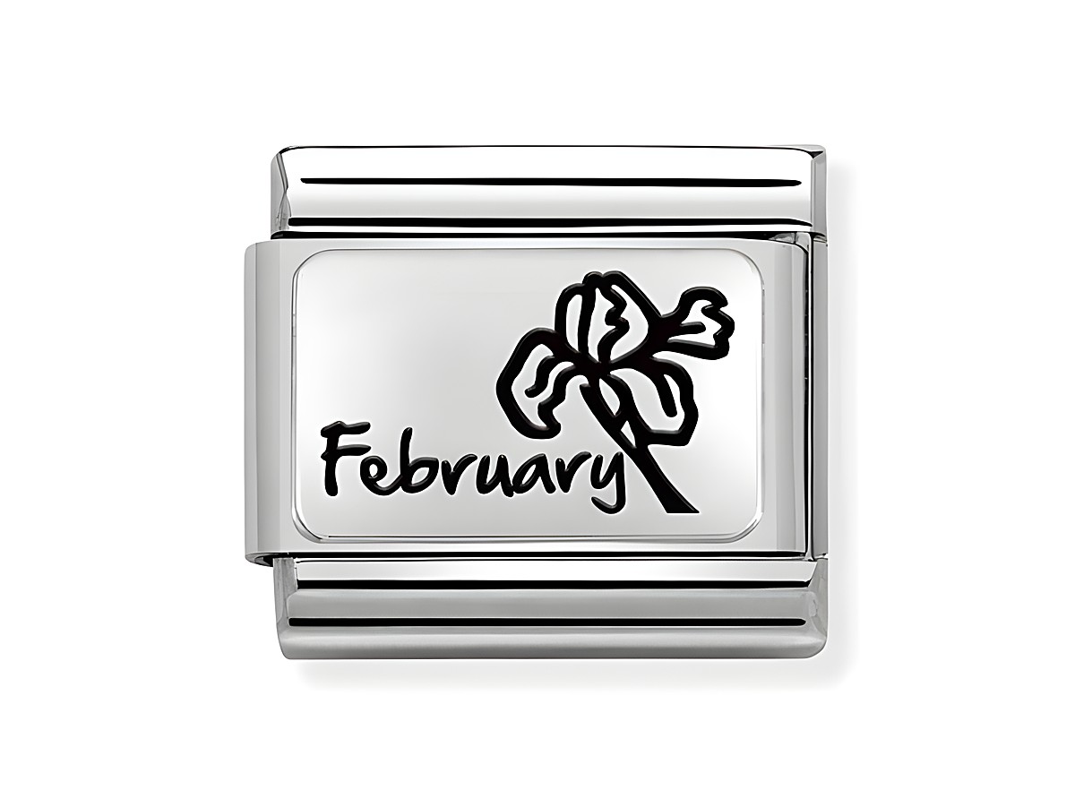 Edelstahl Charm von Nomination mit stilisiertem Blumendesign und dem Wort Februar, ideal als Schmuckstück für Sternzeichen und Monatssteine.