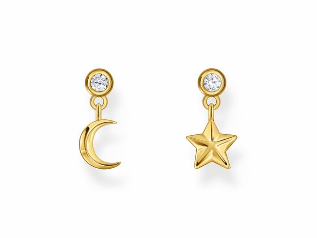 Zweisätzige Ohrstecker von Thomas Sabo in Silber mit vergoldetem Mond und Stern, besetzt mit weißen Zirkonia, stilvolles und elegantes Schmuckstück.