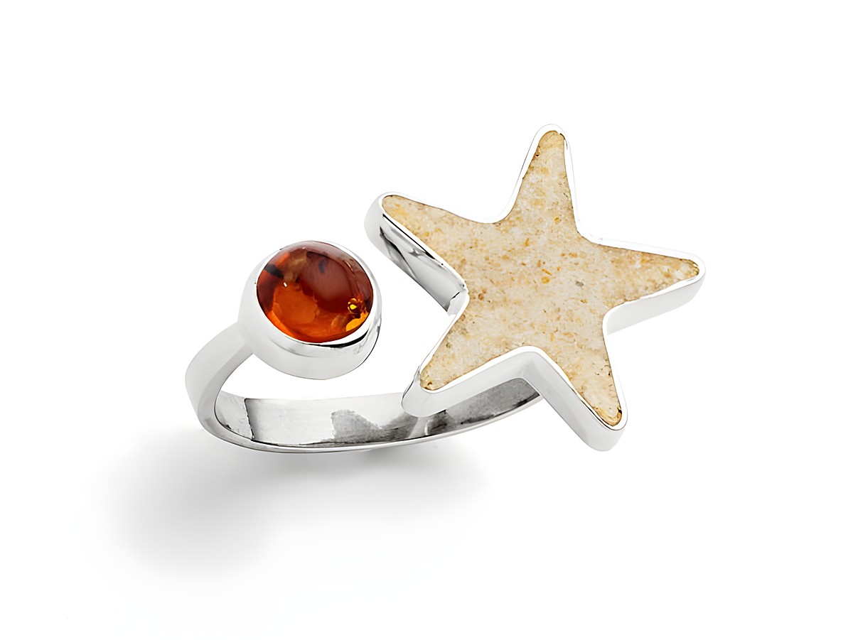 DUR Sandseestern R5978.58 aus rhodiniertem Sterling Silber mit einem Bernstein und Strandsand, eleganter Ring in Größe 58, einzigartiges Design, stilvoll und modern.