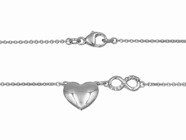 Kette aus 925 Sterling Silber mit einem Herz- und Unendlichkeitssymbol-Anhänger, poliert und rhodiniert, besetzt mit Zirkonia, Länge 46 cm, Hersteller: Juwelier Harnisch.