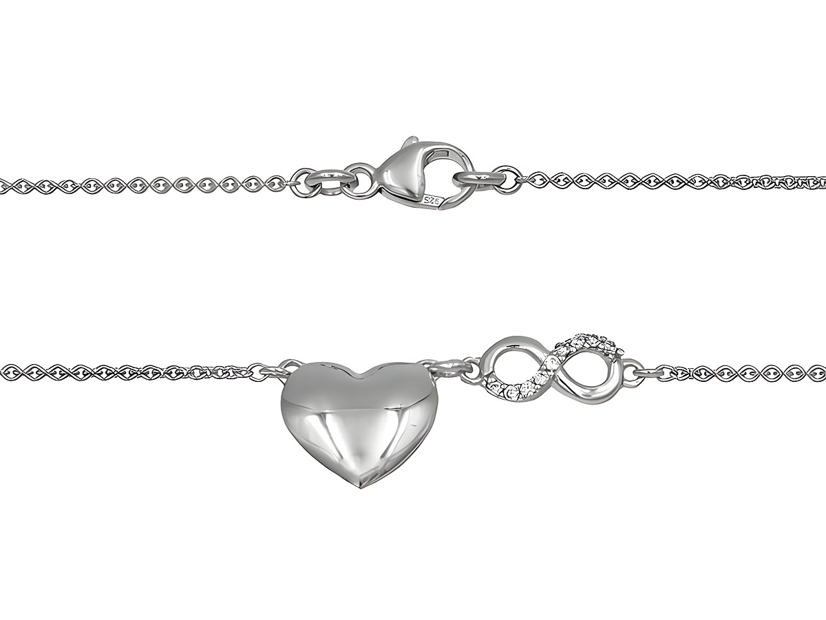 Kette aus 925 Sterling Silber mit einem Herz- und Unendlichkeitssymbol-Anhänger, poliert und rhodiniert, besetzt mit Zirkonia, Länge 46 cm, Hersteller: Juwelier Harnisch.