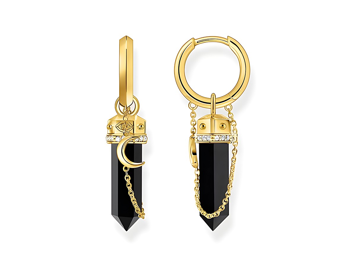 Thomas Sabo Creolen aus Silber vergoldet mit einem schwarzen Onyx-Pendel, verziert mit einer feinen Kette und einem kleinen Anhänger, modernes und elegantes Design.